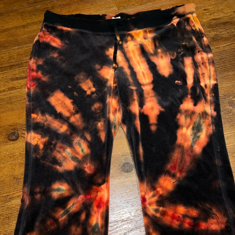 Old Navy Black Velvet with Orange Tie-Dye Flared Drawstring Lounge Pants Size L - Picture 5 of 15